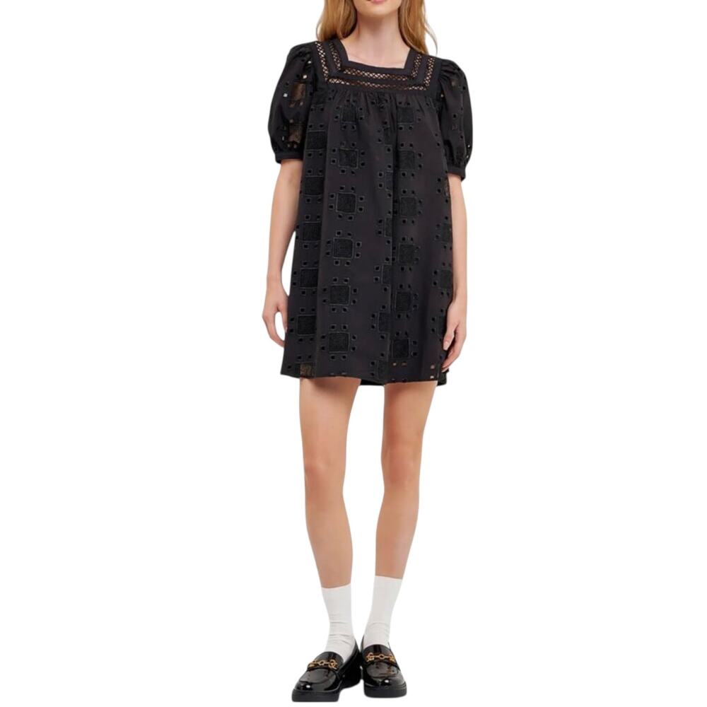 English Factory Nina Eyelet Puff Sleeve Dress - Black - Medium